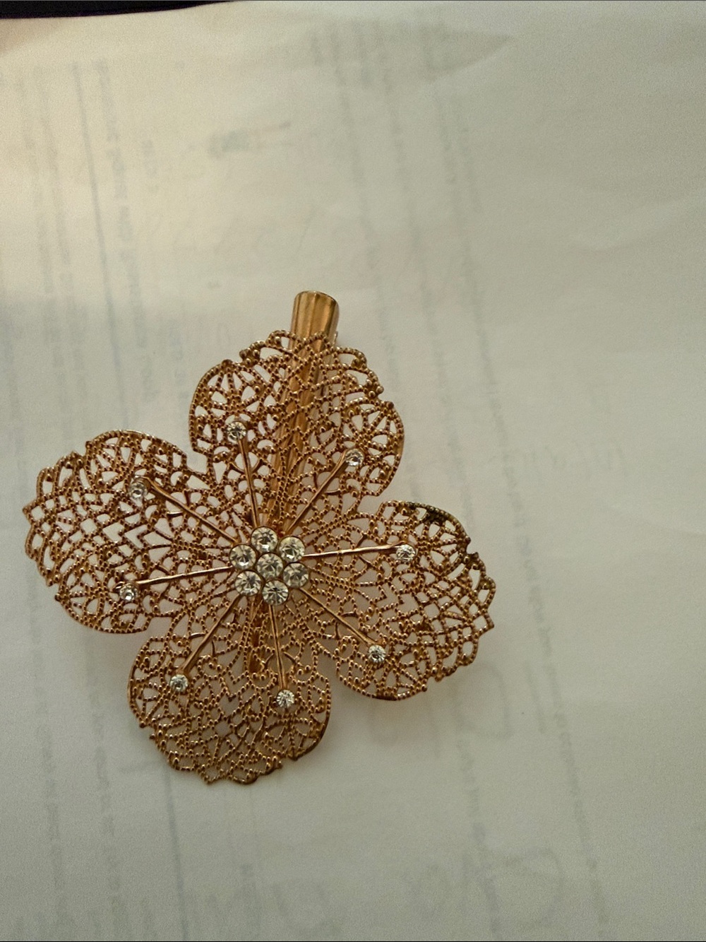 Gold Floral Filigree hair clip with Clear Crystals - Women's Jewelry